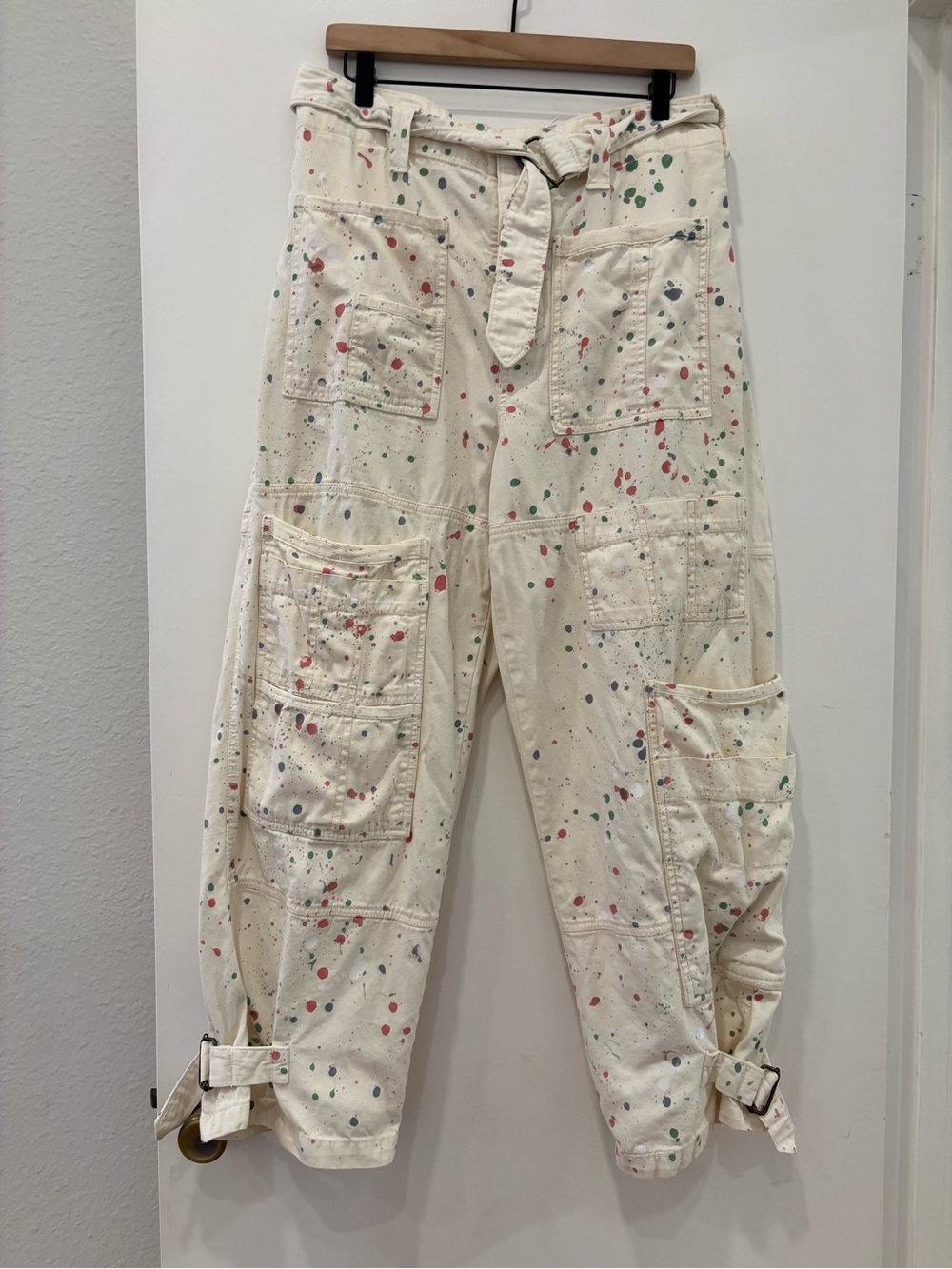 Free People Paint-Splatter oversized Utility Cargo Pocket Pants Cuffed Jeans